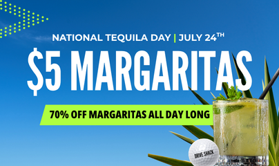 National Tequila Day banner:  Margaritas with a green highlight reading '70% off margaritas all day long,' featuring a margarita glass against a blue sky.
