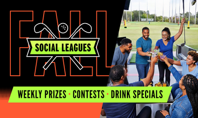 Fall Social Leagues banner with bold 'FALL' lettering, a lime-green 'Social Leagues' badge, and a group of people celebrating under a tent; bottom strip mentions weekly prizes, contests, drink specials.