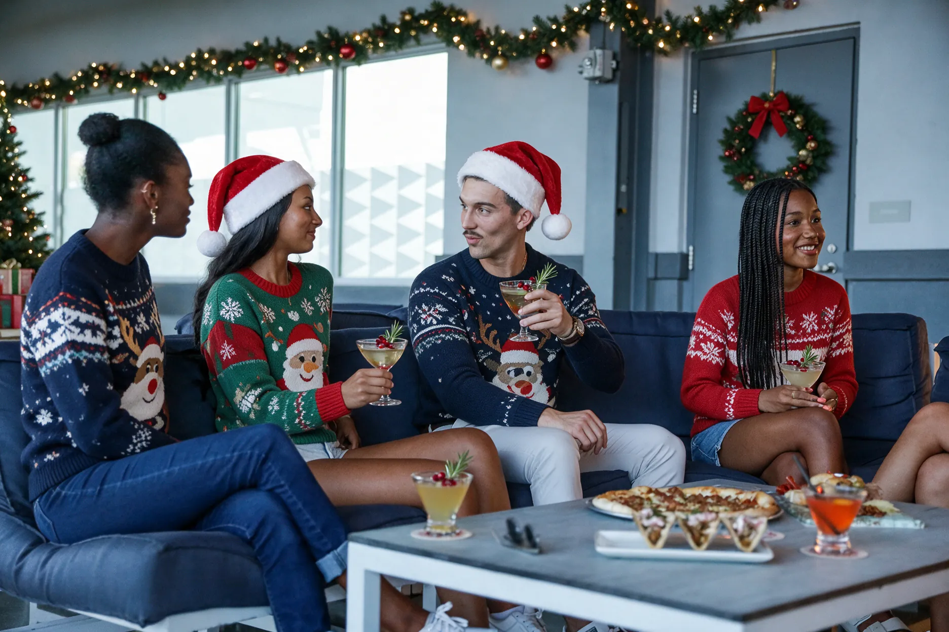 Friends in holiday sweaters and Santa hats toasting in a decorated Drive Shack bay lounge.