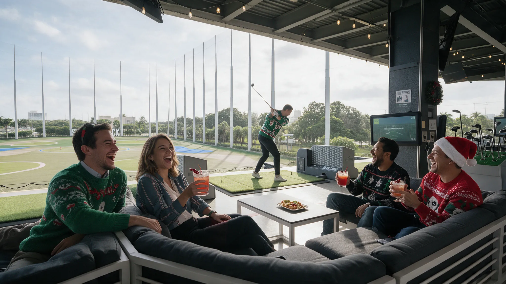 Young professionals in holiday sweaters laughing on a Drive Shack bay lounge sofa as a coworker swings toward the range.
