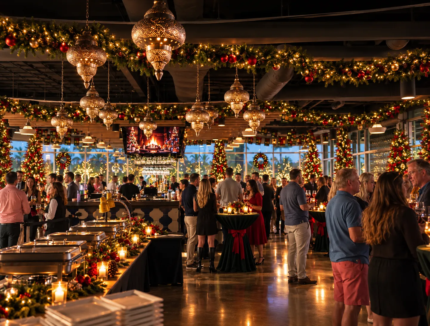 Guests mingling at a Drive Shack holiday party with garland, Christmas trees, and festive cocktail tables.