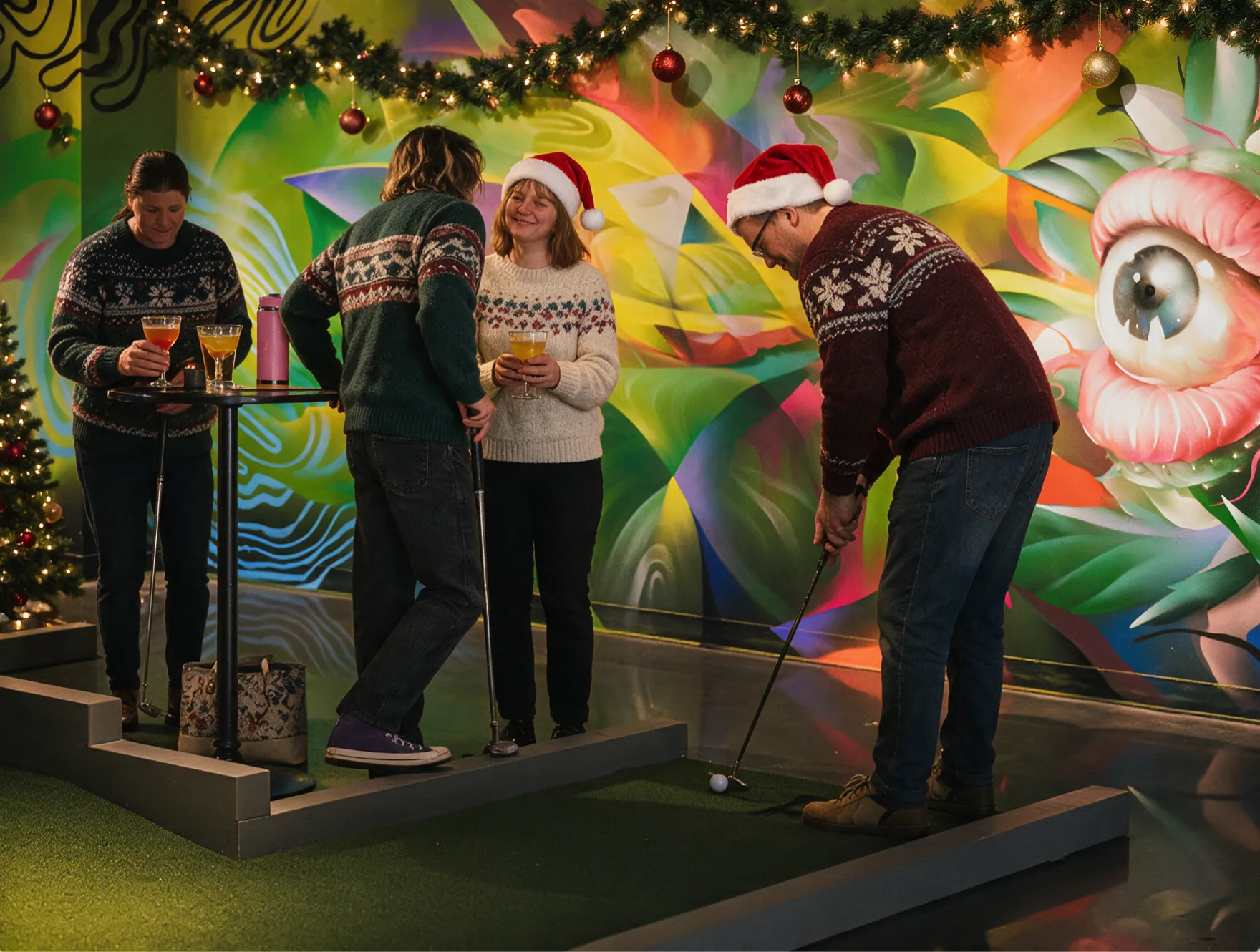 Coworkers in holiday sweaters playing Puttery mini golf in front of a colorful mural.