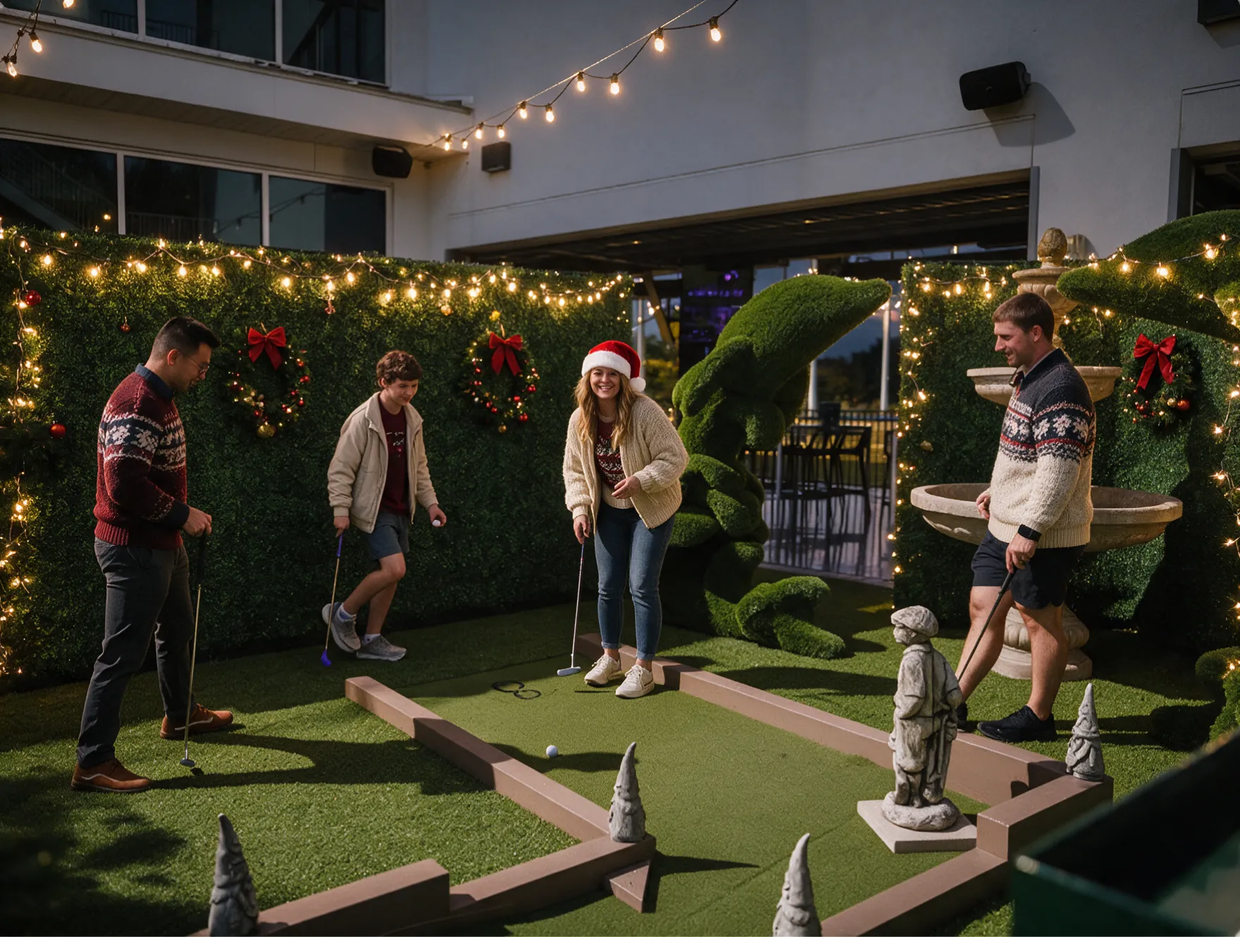 Outdoor Puttery course with string lights and wreaths on the hedges.